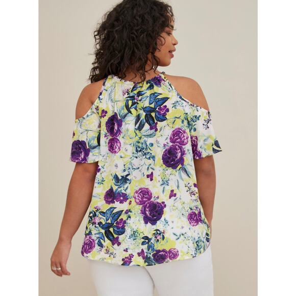 Torrid Georgette Chain-Link Cold-Shoulder Blouse • Floral White • Size 5XL - Picture 4 of 12